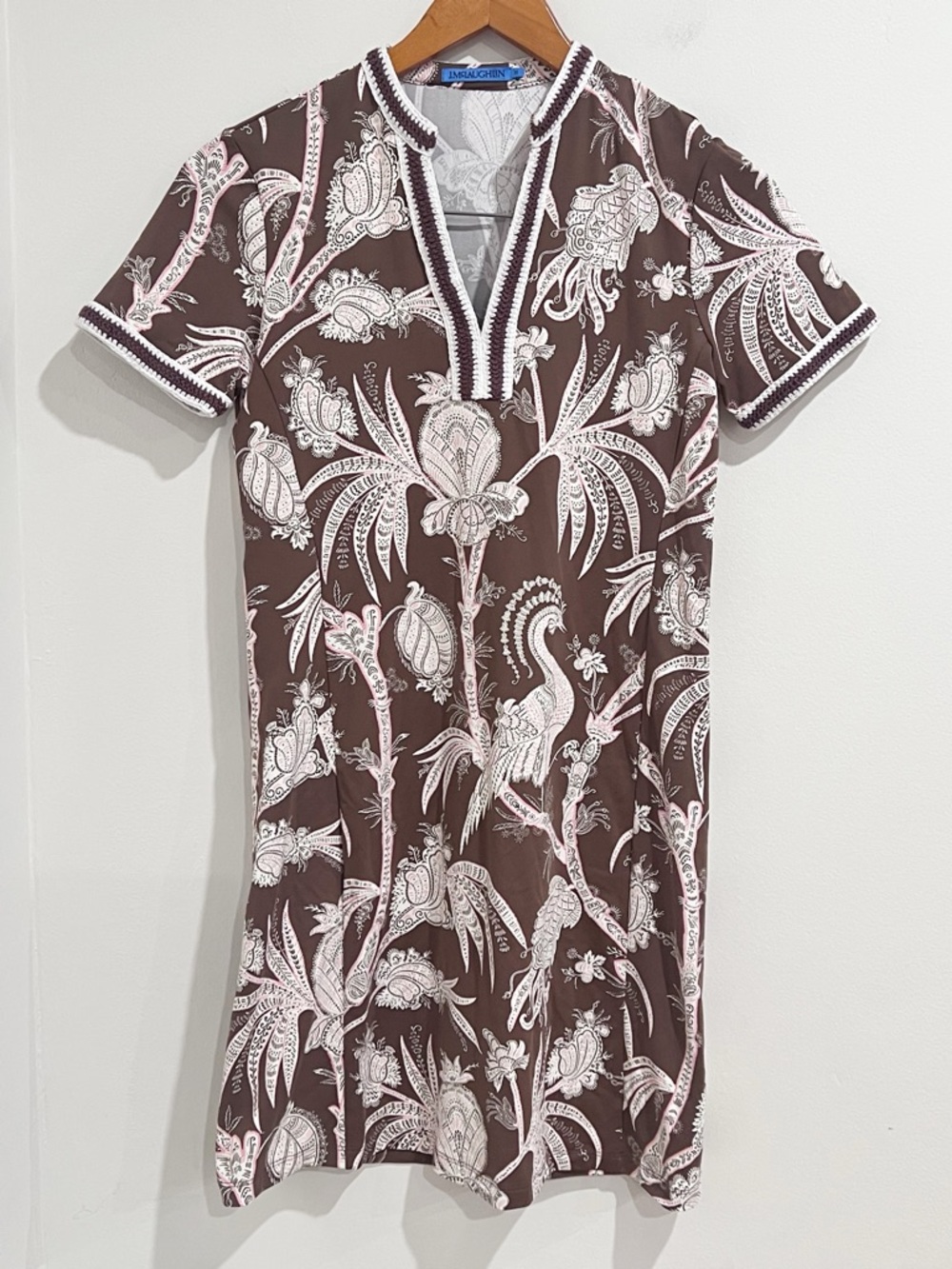 EUC J. McLaughlin Brown/Ivory Peacock Printed  Catalina Cloth Crochet Trim Dress